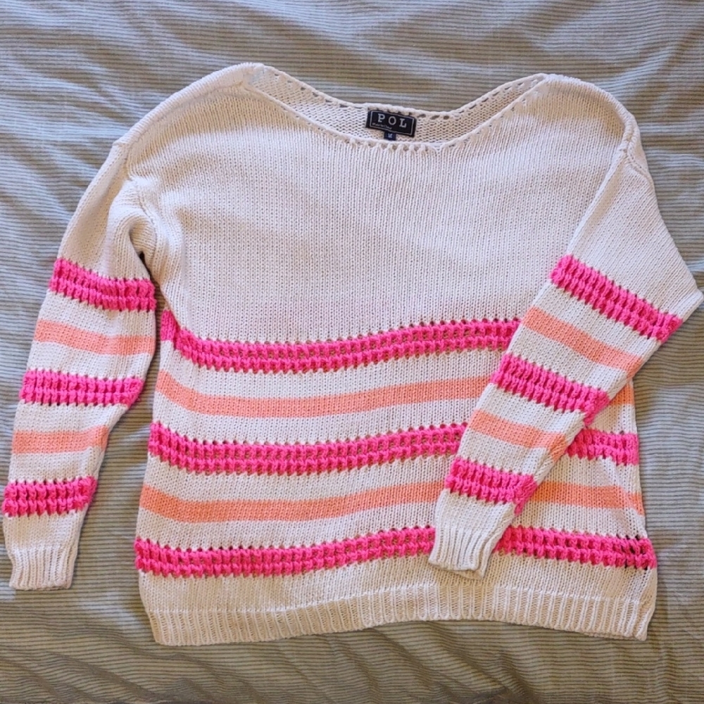 POL Women's Cream and Pink Striped Sweater